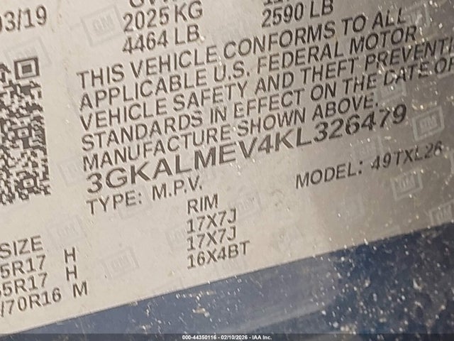 44350116 :رقم المزاد ، 3GKALMEV4KL326479 vin ، 2019 Gmc Terrain Sle مزاد بيع