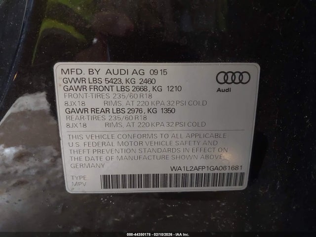 Продажа на аукционе авто 2016 Audi Q5 2.0t Premium, vin: WA1L2AFP1GA061681, номер лота: 44350178