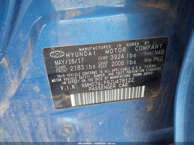 KMHD74LF9JU478122 Hyundai ELANTRA SE