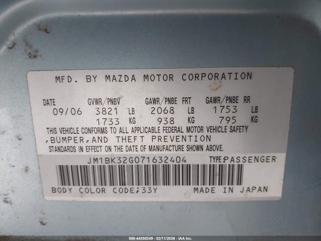 44350249 :رقم المزاد ، JM1BK32G071632404 vin ، 2007 Mazda Mazda3 I Touring مزاد بيع
