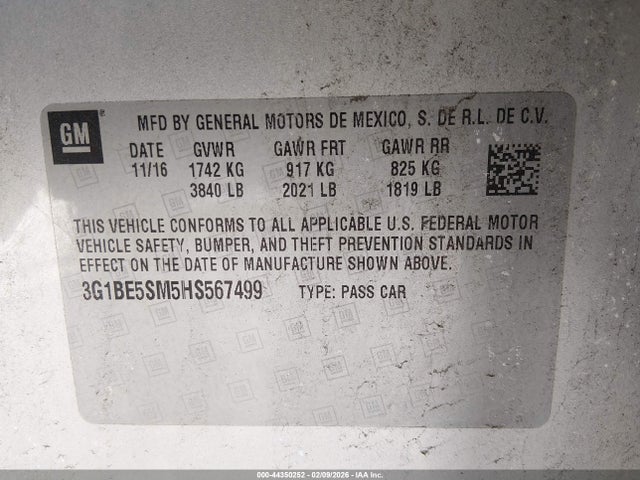 3G1BE5SM5HS567499 Chevrolet Cruze Lt Auto