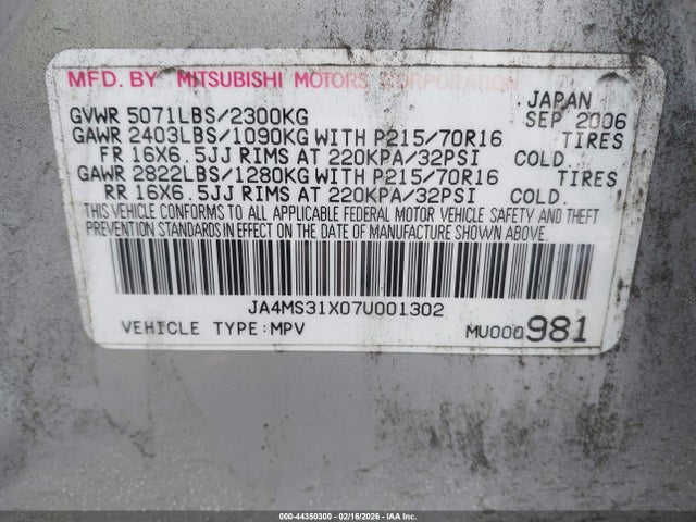 Aukcja sprzedaży 2007 Mitsubishi Outlander Es/ls, vin: JA4MS31X07U001302, numer aukcji: 44350300