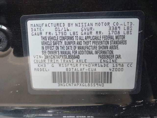 3N1CN7APXGL855940 Nissan Versa 1.6 S