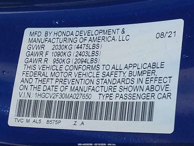 1HGCV2F30MA027650 Honda Accord Sport 2.0t