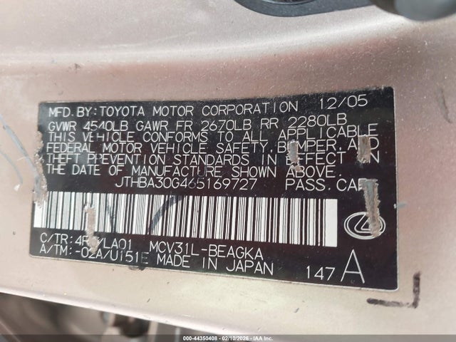 Продажа на аукционе авто 2006 Lexus Es 330, vin: JTHBA30G465169727, номер лота: 44350408