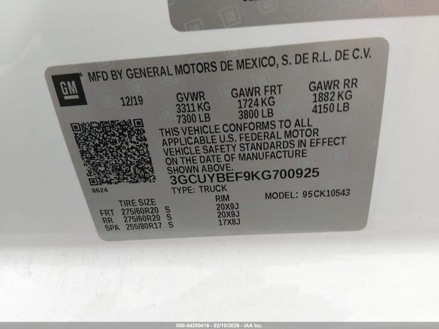3GCUYBEF9KG700925 Chevrolet Silverado 1500 Custom