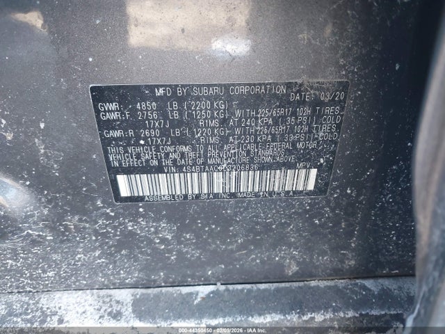 2020 Subaru Outback მანქანა იყიდება აუქციონზე, vin: 4S4BTAAC0L3206836, აუქციონის ნომერი: 44350450