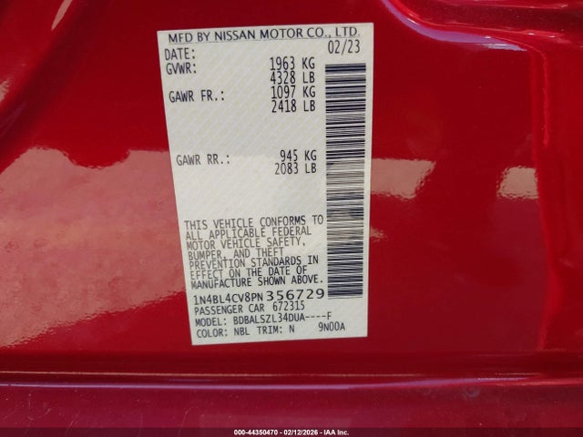 1N4BL4CV8PN356729 Nissan Altima Sr Fwd