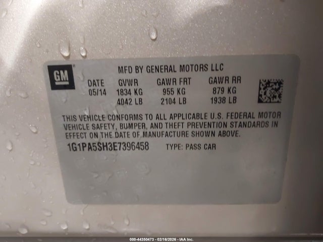 2014 Chevrolet Cruze Ls Auto მანქანა იყიდება აუქციონზე, vin: 1G1PA5SH3E7396458, აუქციონის ნომერი: 44350473