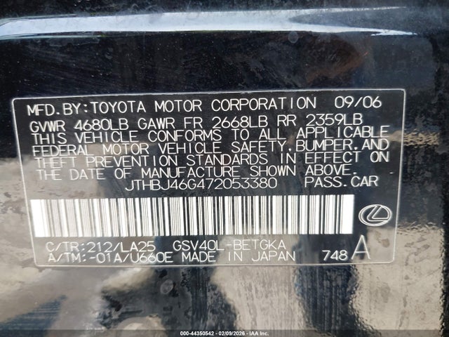 Aukcja sprzedaży 2007 Lexus Es 350, vin: JTHBJ46G472053380, numer aukcji: 44350542