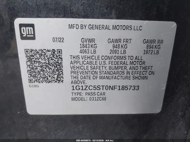 1G1ZC5ST0NF185733 Chevrolet Malibu Fwd 1fl