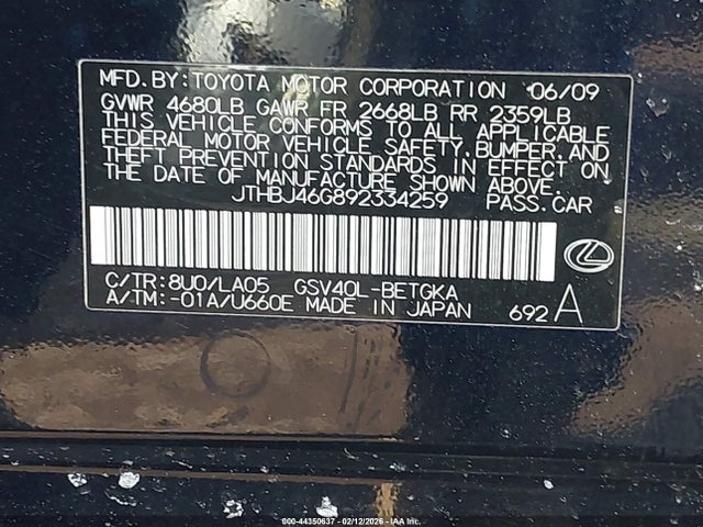 Aukcja sprzedaży 2009 Lexus Es 350, vin: JTHBJ46G892334259, numer aukcji: 44350637