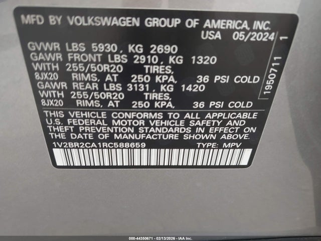 2024 Volkswagen Atlas 2.0t Sel მანქანა იყიდება აუქციონზე, vin: 1V2BR2CA1RC588659, აუქციონის ნომერი: 44350671