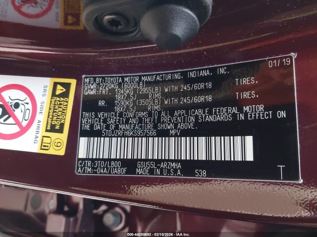 5TDJZRFH6KS957566 Toyota Highlander Xle