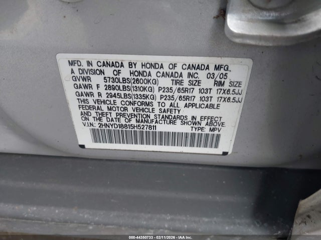 Aukcja sprzedaży 2005 Acura Mdx, vin: 2HNYD18815H527811, numer aukcji: 44350733