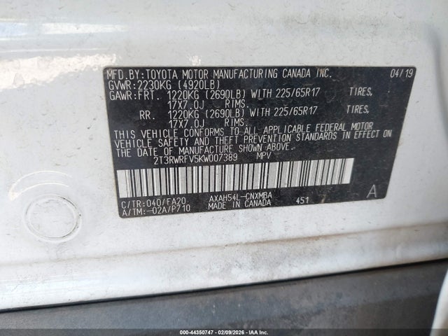 2T3RWRFV5KW007389 Toyota Rav4 Hybrid Xle