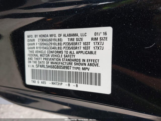 5FNRL5H68GB058907 Honda Odyssey Ex-l