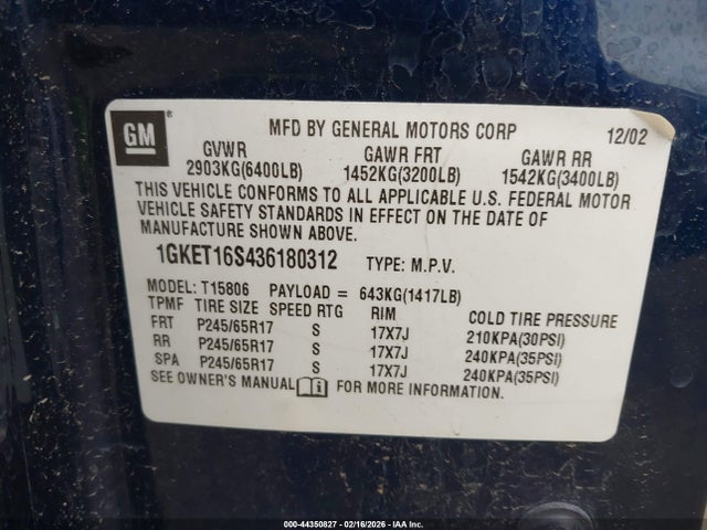 Продаж на аукціоні авто 2003 Gmc Envoy Xl Sle, vin: 1GKET16S436180312, номер лоту: 44350827