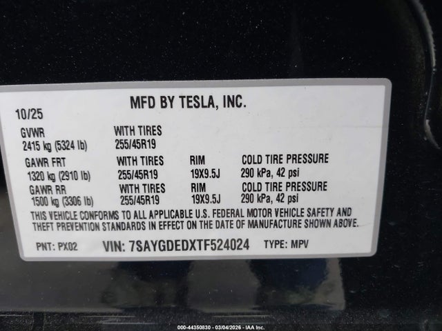 Продаж на аукціоні авто 2026 Tesla Model Y Premium Rear-wheel Drive/standard Rear-wheel Drive, vin: 7SAYGDEDXTF524024, номер лоту: 44350830