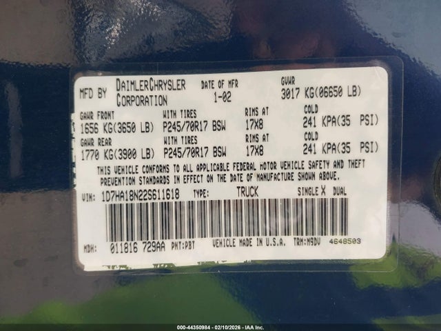 Продаж на аукціоні авто 2002 Dodge Ram 1500 St, vin: 1D7HA18N22S611618, номер лоту: 44350984