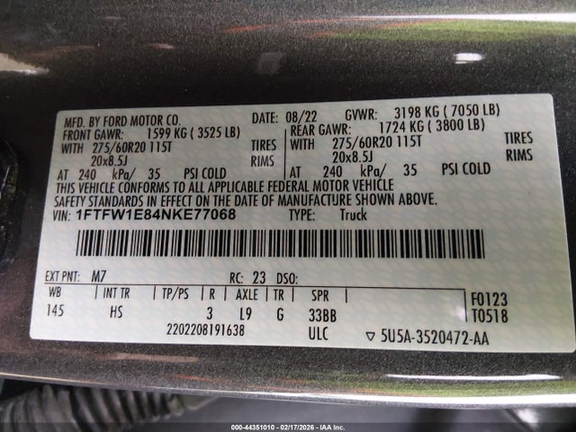 Ford F-150 Lariat 2022 1FTFW1E84NKE77068 Image 9