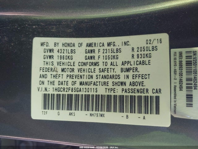 1HGCR2F85GA130115 Honda Accord Ex-l