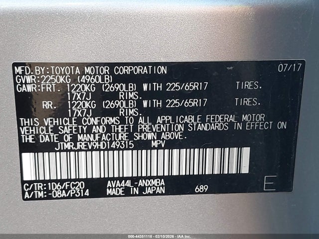 JTMRJREV9HD149315 Toyota Rav4 Hybrid Xle