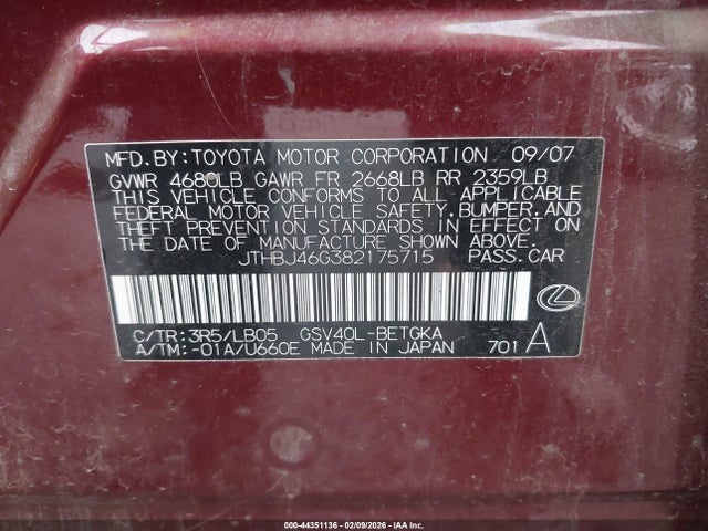 Aukcja sprzedaży 2008 Lexus Es 350, vin: JTHBJ46G382175715, numer aukcji: 44351136