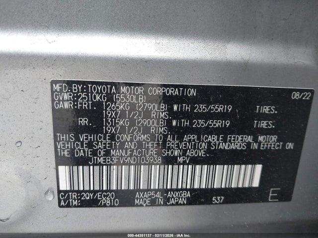 2022 Toyota Rav4 Prime Xse მანქანა იყიდება აუქციონზე, vin: JTMEB3FV9ND103938, აუქციონის ნომერი: 44351137