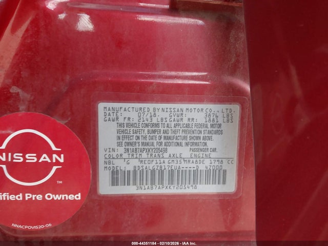 3N1AB7APXKY205498 Nissan SENTRA SL