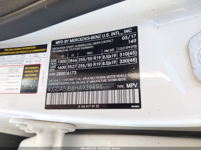 44351195 :رقم المزاد ، 4JGDA5JB8HA939491 vin ، 2017 Mercedes-benz Gle 350 مزاد بيع