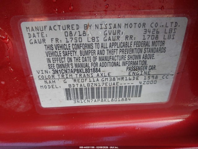 3N1CN7AP8KL801884 Nissan Versa 1.6 Sv