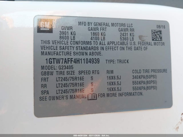 Продаж на аукціоні авто 2017 Gmc Savana 2500 Work Van, vin: 1GTW7AFF4H1104939, номер лоту: 44351204