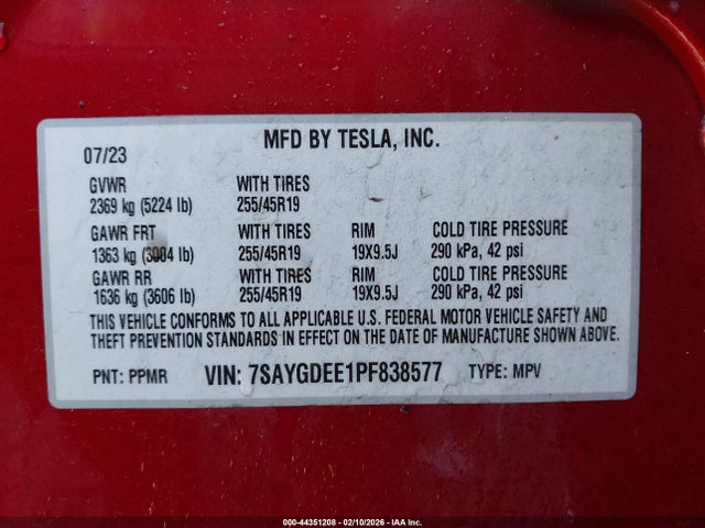 7SAYGDEE1PF838577 Tesla Model Y Awd/long Range Dual Motor All-wheel Drive