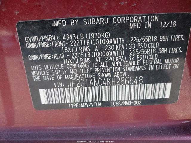 Продаж на аукціоні авто 2019 Subaru Crosstrek 2.0i Limited, vin: JF2GTANC4KH286648, номер лоту: 44351211