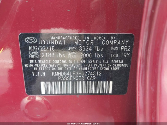 KMHD84LF3HU274312 Hyundai Elantra Value Edition