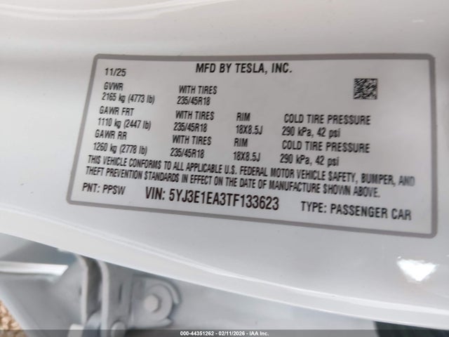 Продажа на аукционе авто 2026 Tesla Model 3 Premium Rear-wheel Drive/standard Rear-wheel Drive, vin: 5YJ3E1EA3TF133623, номер лота: 44351262