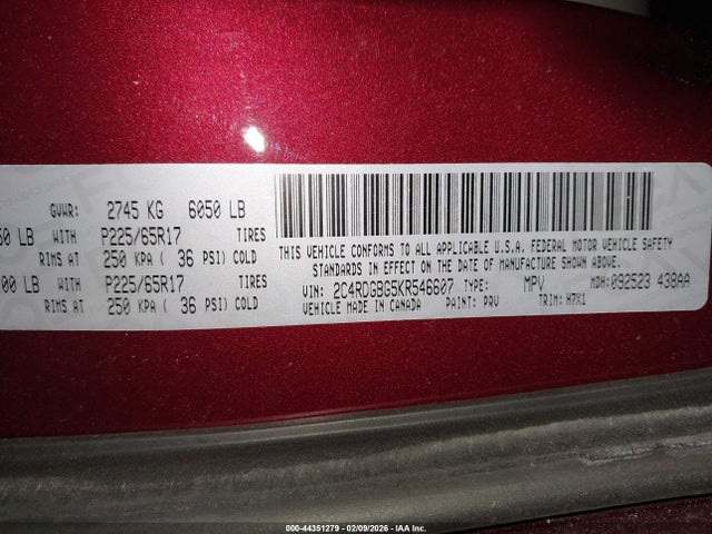 2019 Dodge Grand Caravan Se მანქანა იყიდება აუქციონზე, vin: 2C4RDGBG5KR546607, აუქციონის ნომერი: 44351279