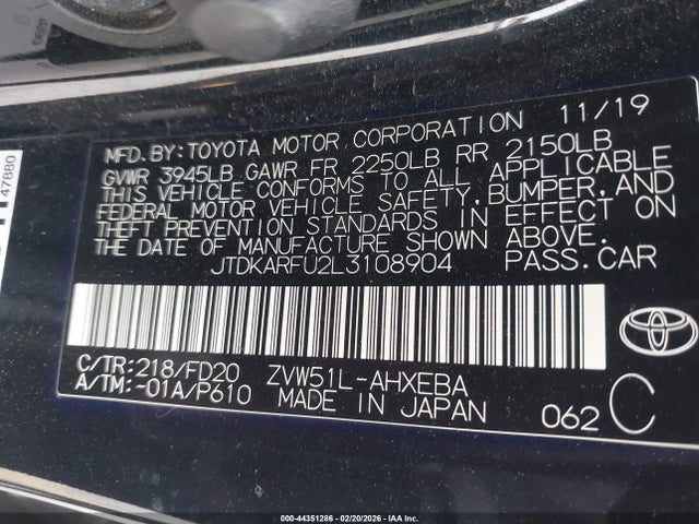 JTDKARFU2L3108904 Toyota Prius Le