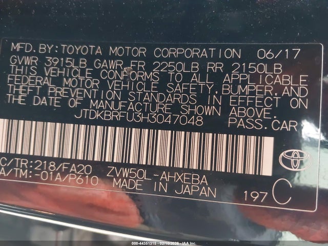 JTDKBRFU3H3047048 Toyota Prius One