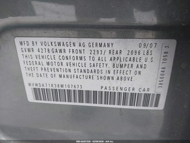 44351326 :رقم المزاد ، WVWDA71K38W107673 vin ، 2008 Volkswagen Rabbit S مزاد بيع