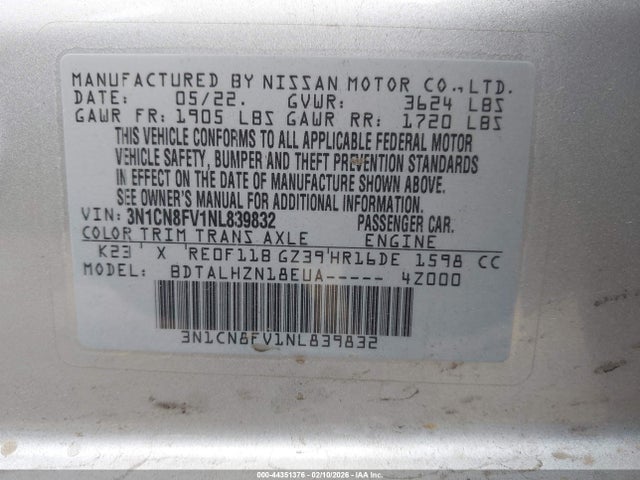 2022 Nissan Versa 1.6 Sr Xtronic Cvt მანქანა იყიდება აუქციონზე, vin: 3N1CN8FV1NL839832, აუქციონის ნომერი: 44351376