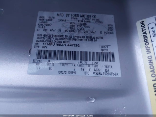44351380 :رقم المزاد ، 1FMFU16537LA47292 vin ، 2007 Ford Expedition Xlt مزاد بيع