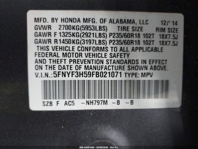 Honda Pilot Ex-l 2015 5FNYF3H59FB021071 Image 9