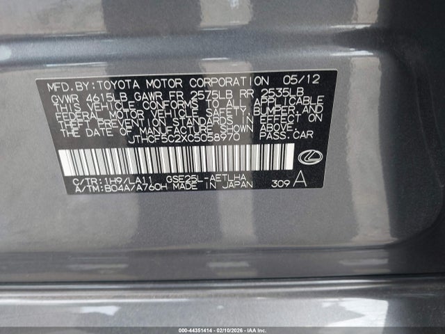44351414 :رقم المزاد ، JTHCF5C2XC5058970 vin ، 2012 Lexus Is 250 مزاد بيع