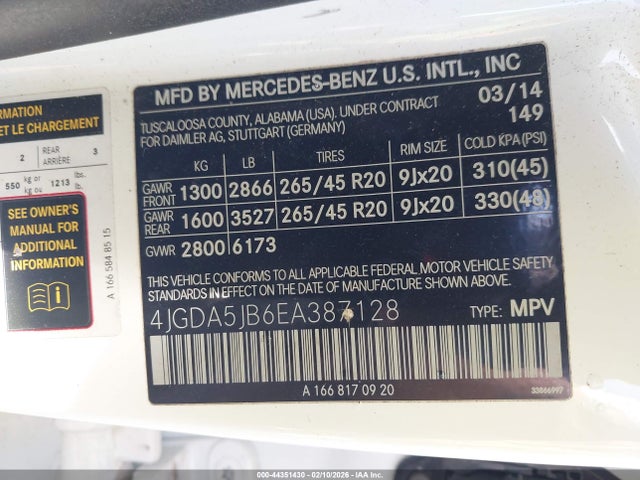 Aukcja sprzedaży 2014 Mercedes-benz Ml 350, vin: 4JGDA5JB6EA387128, numer aukcji: 44351430