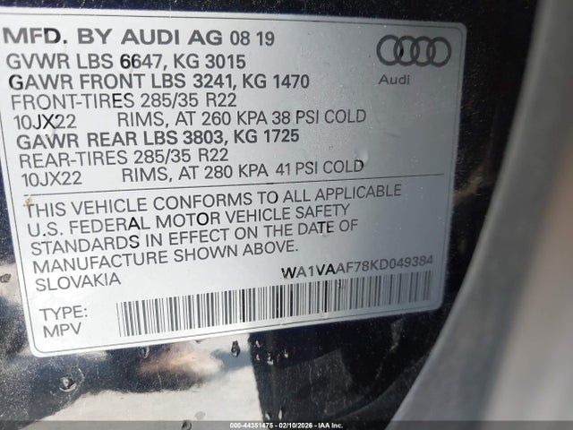 44351475 :رقم المزاد ، WA1VAAF78KD049384 vin ، 2019 Audi Q7 55 Premium مزاد بيع