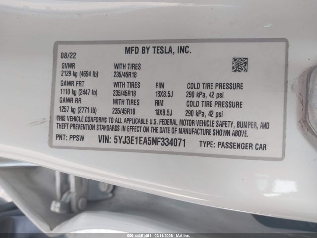 Продаж на аукціоні авто 2022 Tesla Model 3 Rear-wheel Drive, vin: 5YJ3E1EA5NF334071, номер лоту: 44351491
