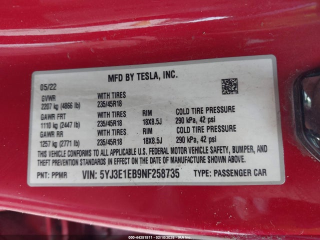 44351511 :رقم المزاد ، 5YJ3E1EB9NF258735 vin ، 2022 Tesla Model 3 Long Range Dual Motor All-wheel Drive مزاد بيع