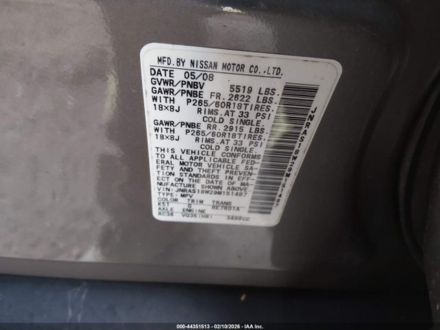 Aukcja sprzedaży 2009 Infiniti Fx35, vin: JNRAS18W29M151487, numer aukcji: 44351513